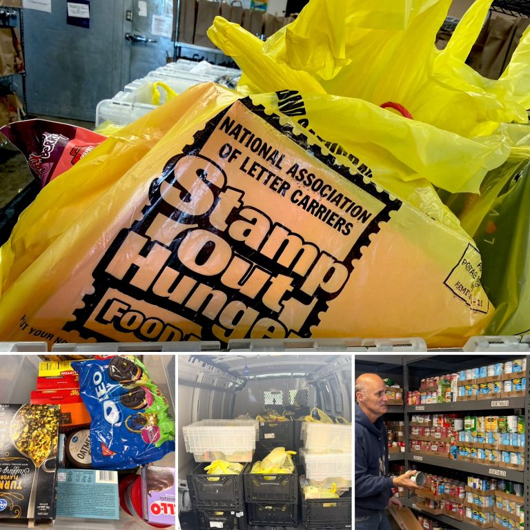 Collage of a grocery store storage area with yellow plastic bags and assorted packaged foods on shelves in the background.
